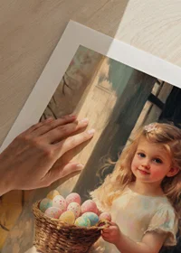 Oil painted girl with basket of pastel colored Easter eggs in sunshine-9