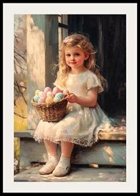 Oil painted girl with basket of pastel colored Easter eggs in sunshine-2