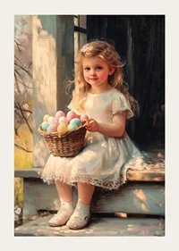 Oil painted girl with basket of pastel colored Easter eggs in sunshine-3