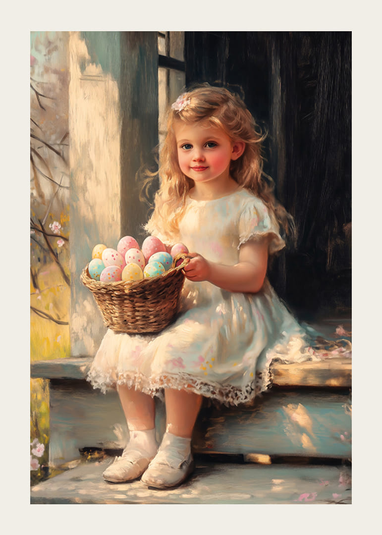 Dievča maľované olejom s košíkom pastelových veľkonočných vajíčok na slnku-12
