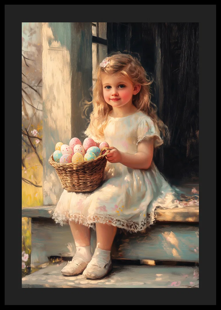 Oil painted girl with basket of pastel colored Easter eggs in sunshine-12