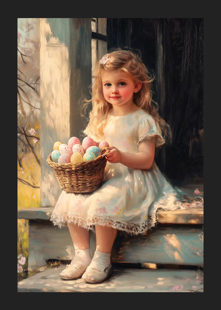 Oil painted girl with basket of pastel colored Easter eggs in sunshine-12
