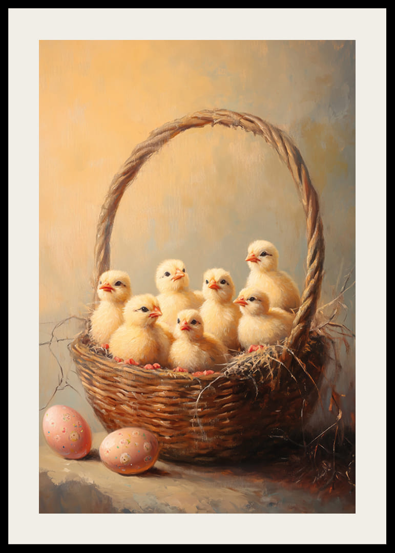 Olejomaľba kurčiat v košíku s dvoma maľovanými veľkonočnými vajíčkami-12