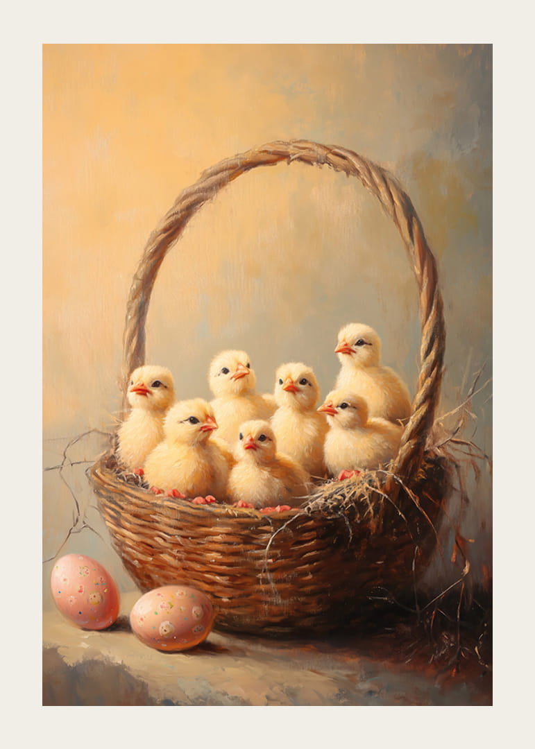 Olejomaľba kurčiat v košíku s dvoma maľovanými veľkonočnými vajíčkami-12