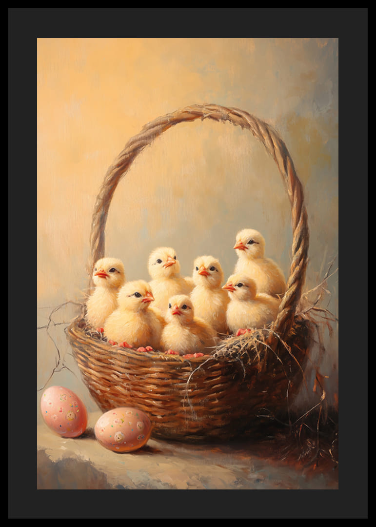 Olejomaľba kurčiat v košíku s dvoma maľovanými veľkonočnými vajíčkami-12