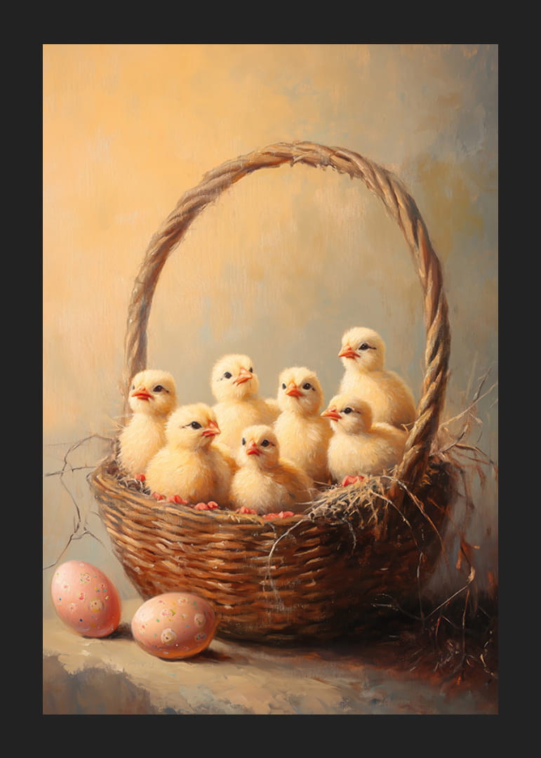 Olejomaľba kurčiat v košíku s dvoma maľovanými veľkonočnými vajíčkami-12