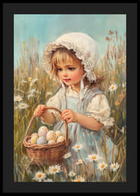 Dziewczynka namalowana farbami olejnymi, zbierająca pastelowe pisanki wśród stokrotek-4