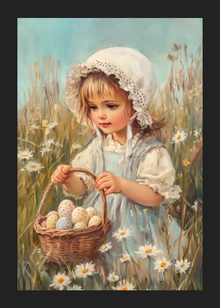 Oil painted girl picking pastel colored Easter eggs among daisies-12