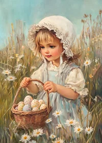 Oil painted girl picking pastel colored Easter eggs among daisies-7