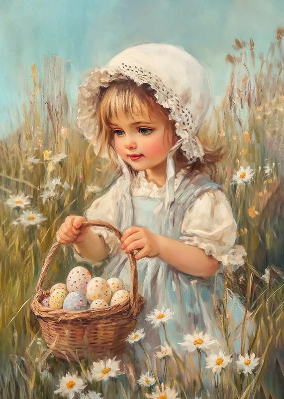 Oil painted girl picking pastel colored Easter eggs among daisies-12