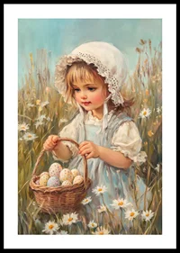 Oil painted girl picking pastel colored Easter eggs among daisies-0