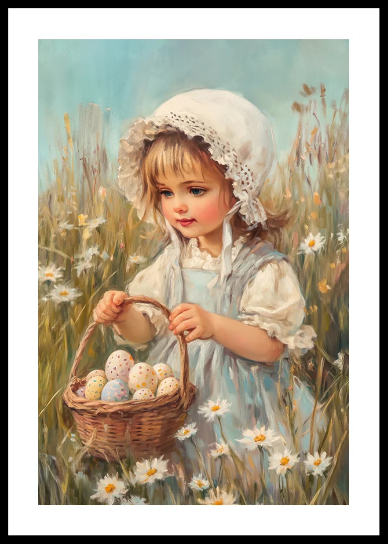 Oil painted girl picking pastel colored Easter eggs among daisies-12