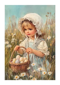 Oil painted girl picking pastel colored Easter eggs among daisies-1