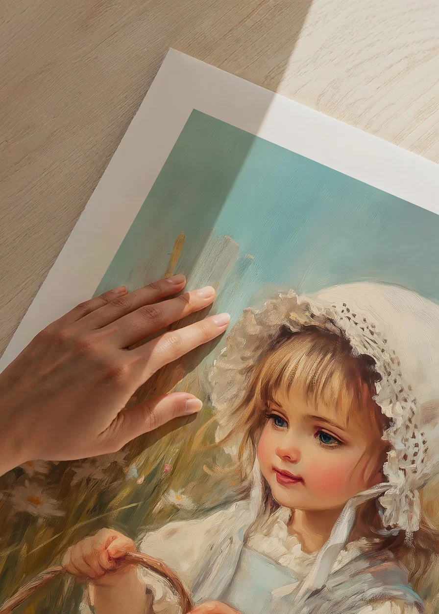 Oil painted girl picking pastel colored Easter eggs among daisies-12