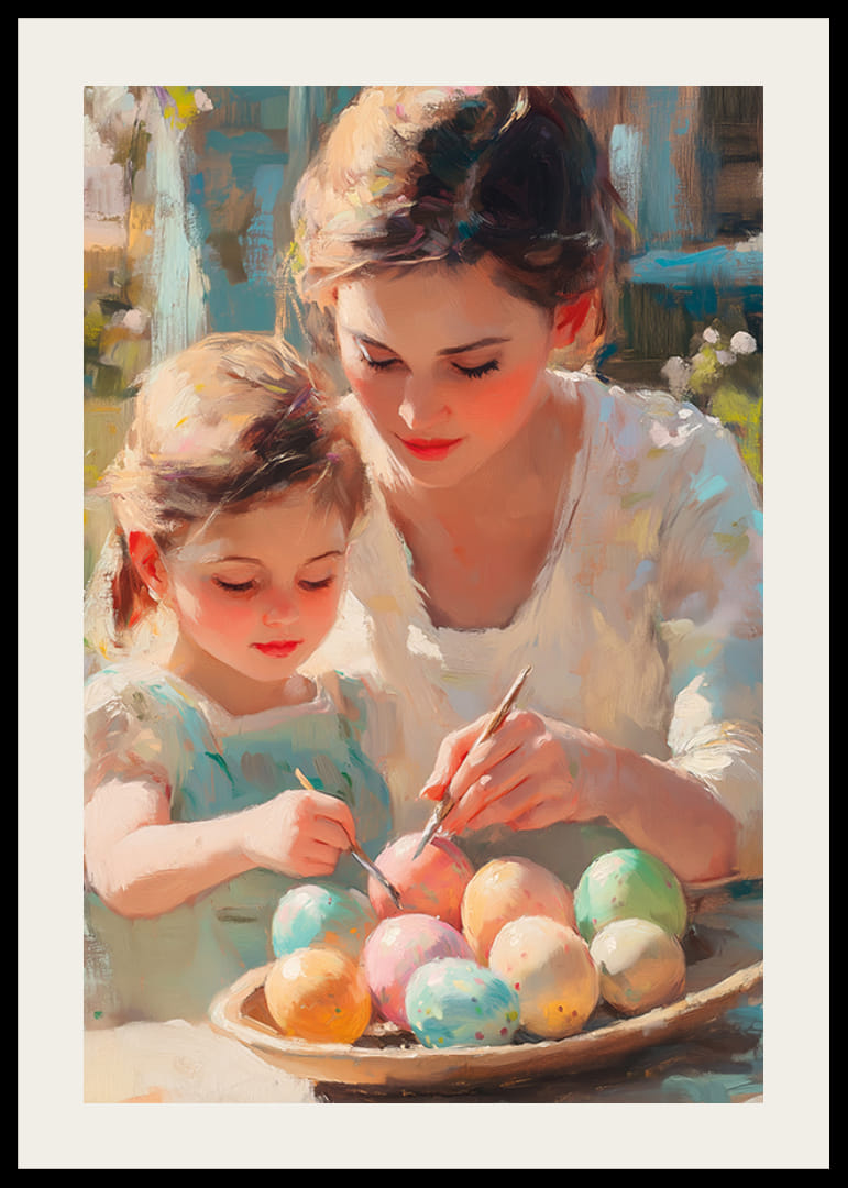 Scenă pictată în ulei cu mamă și fiică pictând ouă de Paște-12