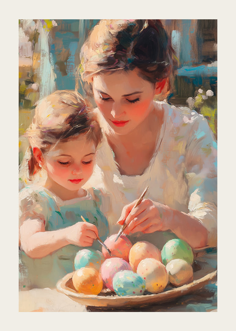 Scenă pictată în ulei cu mamă și fiică pictând ouă de Paște-12