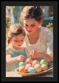 Scenă pictată în ulei cu mamă și fiică pictând ouă de Paște-4