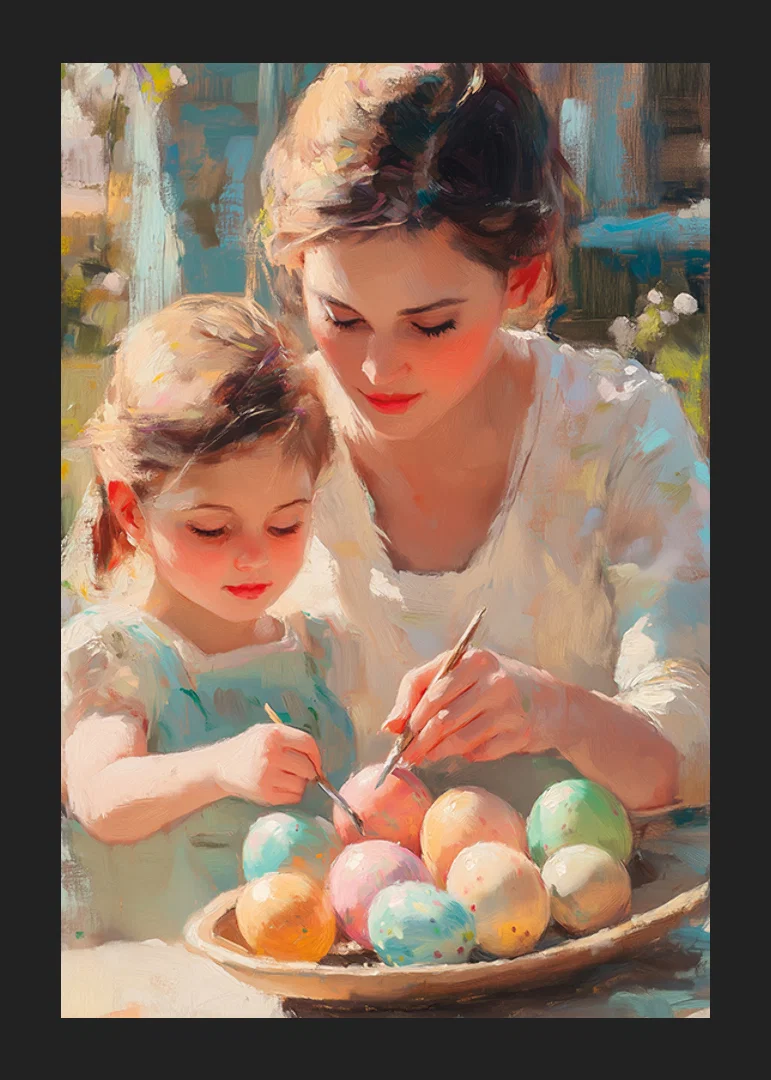 Oil painted scene with mother and daughter painting Easter eggs-12