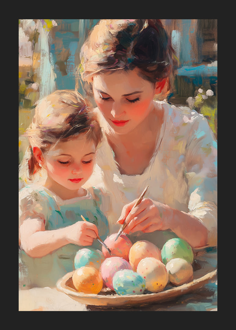 Scenă pictată în ulei cu mamă și fiică pictând ouă de Paște-12