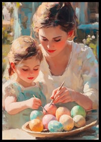 Oil painted scene with mother and daughter painting Easter eggs-6