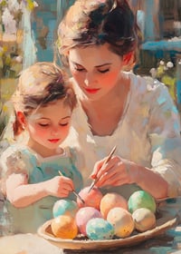 Oil painted scene with mother and daughter painting Easter eggs-7