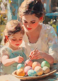 Oil painted scene with mother and daughter painting Easter eggs-7