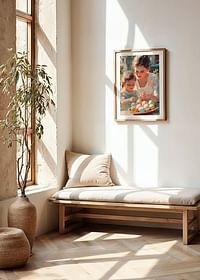 Een poster met een moeder en dochter die paaseieren schilderen in het zachte licht van de lente-4