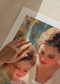 Oil painted scene with mother and daughter painting Easter eggs-9