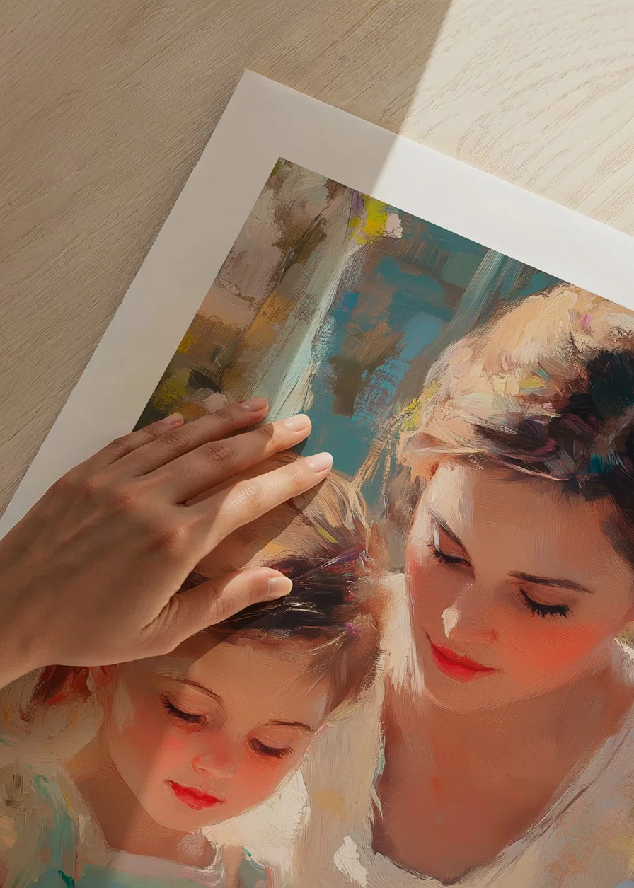 Oil painted scene with mother and daughter painting Easter eggs-12