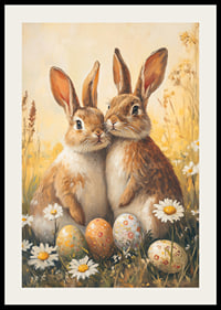 Illustrated bunnies next to daisies and painted Easter eggs-2