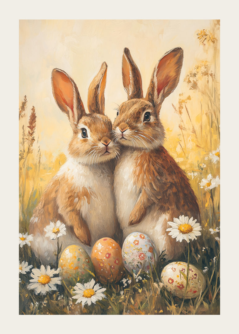 Illustrated bunnies next to daisies and painted Easter eggs-12