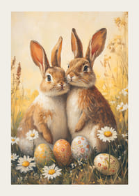 Coelhinhos ilustrados ao lado de margaridas e ovos de Páscoa pintados-3