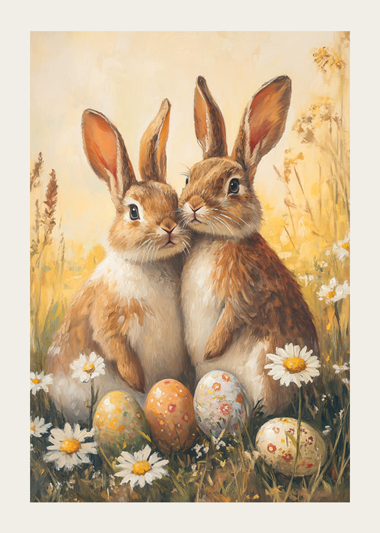 Coelhinhos ilustrados ao lado de margaridas e ovos de Páscoa pintados-12