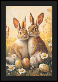 Illustrated bunnies next to daisies and painted Easter eggs-4