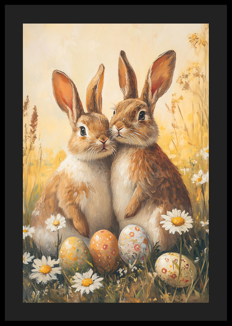 Illustrated bunnies next to daisies and painted Easter eggs-12