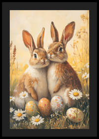 Coelhinhos ilustrados ao lado de margaridas e ovos de Páscoa pintados-4