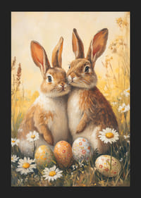 Coelhinhos ilustrados ao lado de margaridas e ovos de Páscoa pintados-5