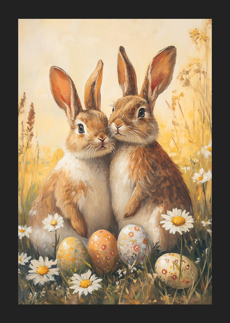Coelhinhos ilustrados ao lado de margaridas e ovos de Páscoa pintados-12