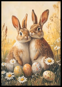 Illustrated bunnies next to daisies and painted Easter eggs-6
