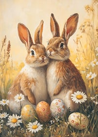 Illustrated bunnies next to daisies and painted Easter eggs-7