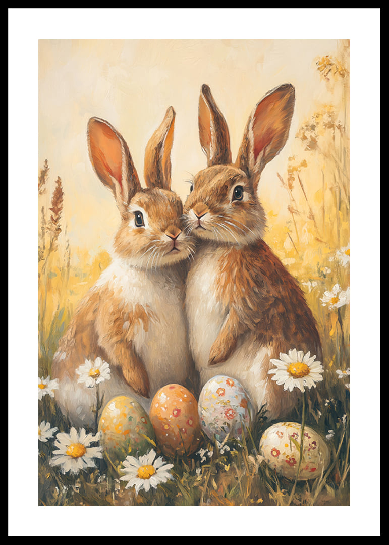 Illustrated bunnies next to daisies and painted Easter eggs-12