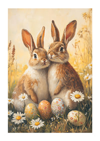 Illustrated bunnies next to daisies and painted Easter eggs-1