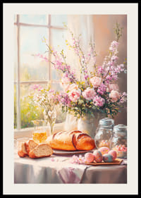 Bouquet primaverile dipinto a olio con rose e fiori di ciliegio vicino a una finestra illuminata dal sole-2