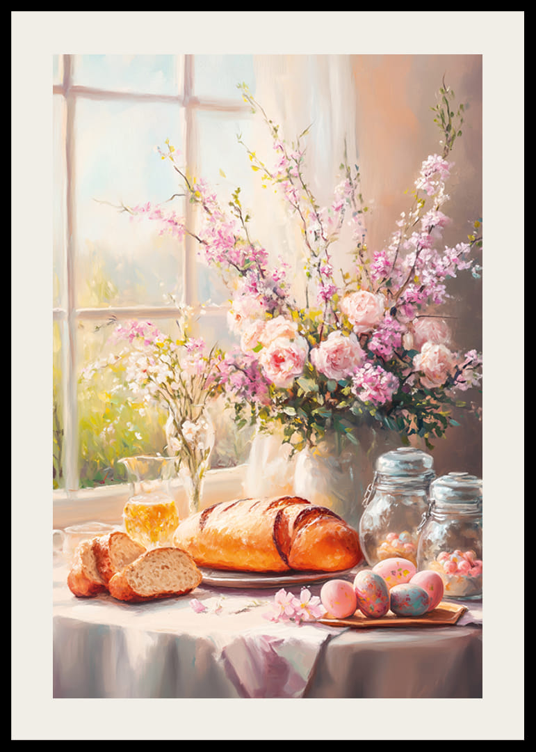 Bouquet primaverile dipinto a olio con rose e fiori di ciliegio vicino a una finestra illuminata dal sole-12