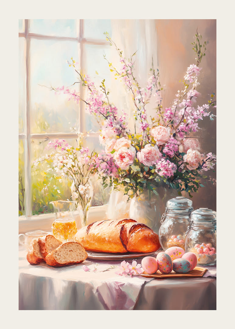 Bouquet primaverile dipinto a olio con rose e fiori di ciliegio vicino a una finestra illuminata dal sole-12