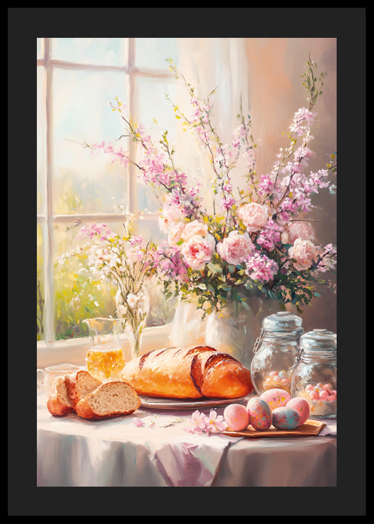 Bouquet primaverile dipinto a olio con rose e fiori di ciliegio vicino a una finestra illuminata dal sole-12