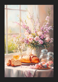 Bouquet primaverile dipinto a olio con rose e fiori di ciliegio vicino a una finestra illuminata dal sole-5