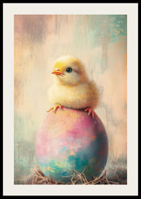 Olejomaľované kura na pastelovo sfarbenom vajci s jemným pozadím-2