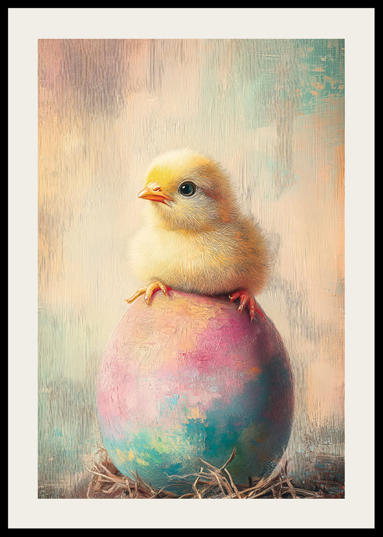 Olejomaľované kura na pastelovo sfarbenom vajci s jemným pozadím-12