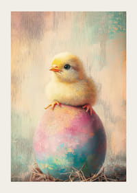 Olejomaľované kura na pastelovo sfarbenom vajci s jemným pozadím-3